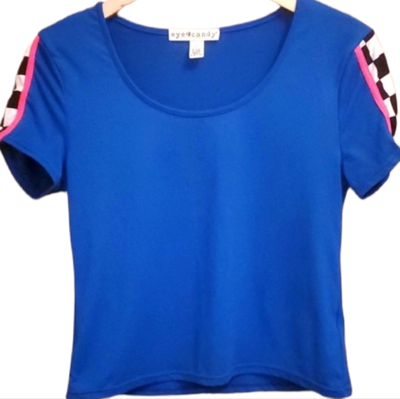 EYE CANDY L BLUE RACING STRIPES RAVE CROP TOP - Picture 1 of 4
